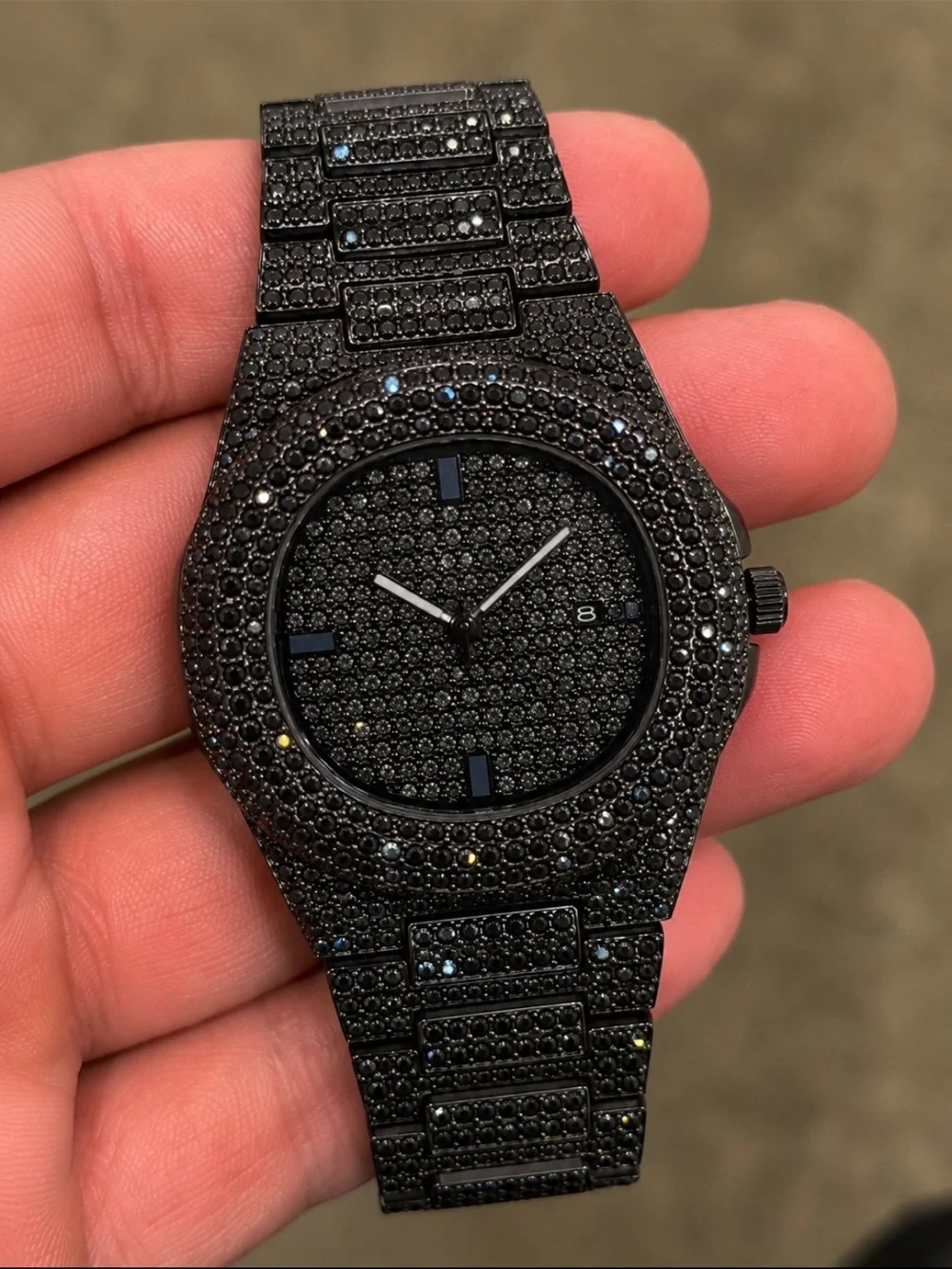 Iced Out VVS1 Simulated Black Diamond Stainless Steel Watch Pavé Set Fully Iced